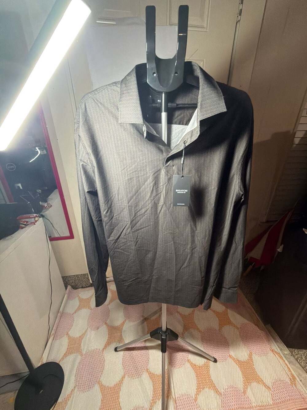 Bugatchi Men's Long Sleeve Mercerized Cotton Herringbone Polo Shirt Gray